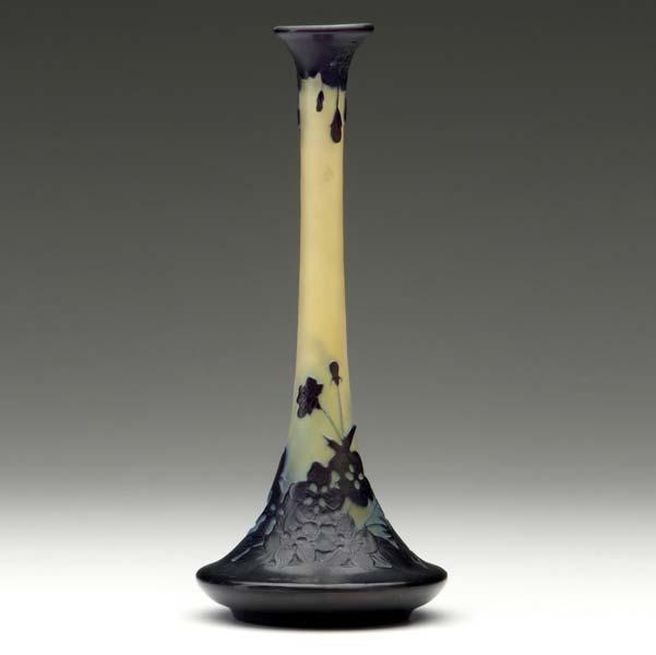 Appraisal: GALLE Cameo glass bud vase with purple blossoms on amber