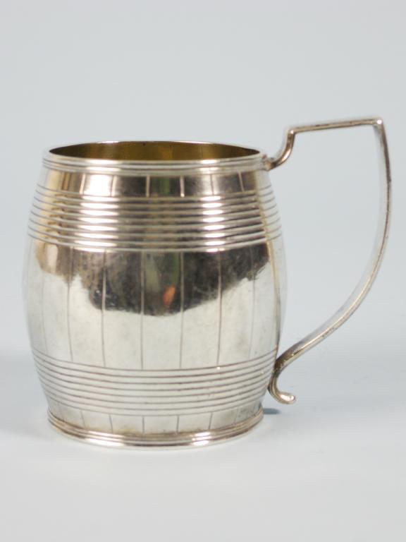 Appraisal: A George III barrel shape Christening Mug engraved initials London