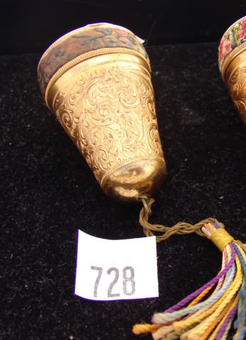 Appraisal: Ornate gold thimble container with embroidered edge on cap and