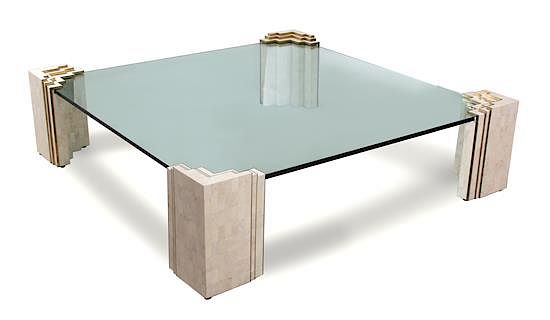 Appraisal: A Contemporary Tesselated Stone and Brass Glass Top Coffee Table