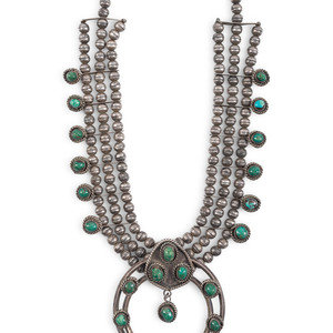 Appraisal: Navajo Silver and Turquoise Squash Blossom Necklace third quarter th