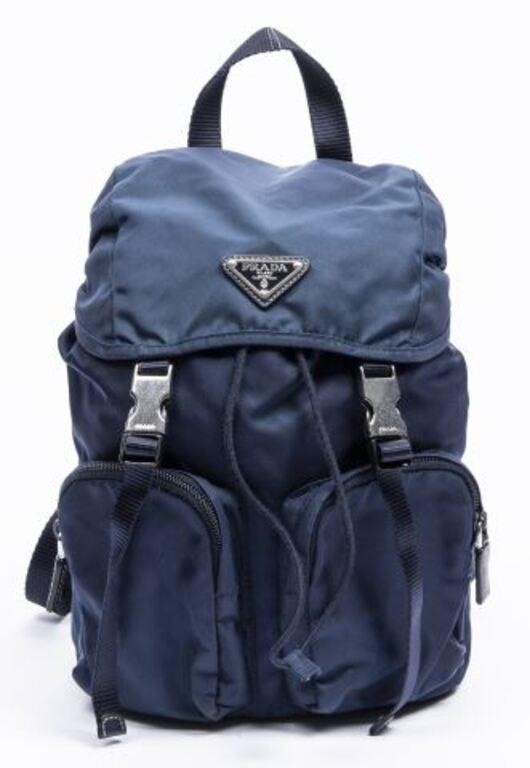 Appraisal: Prada Tessuto Drawstring Backpack in navy blue nylon canvas with