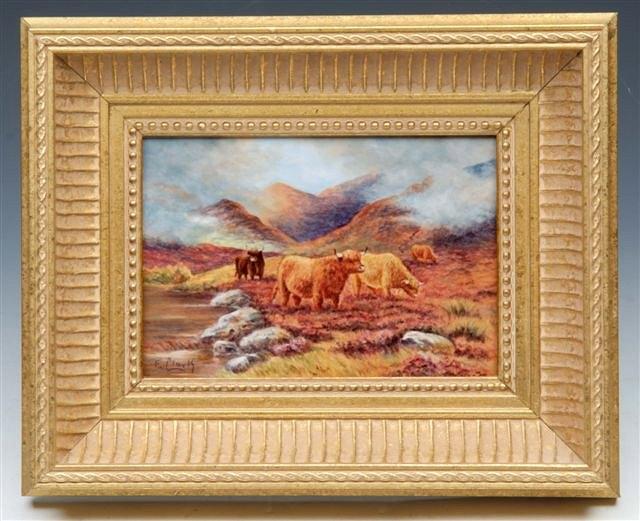 Appraisal: A PORCELAIN PLAQUE painted with highland cattle by F Clark