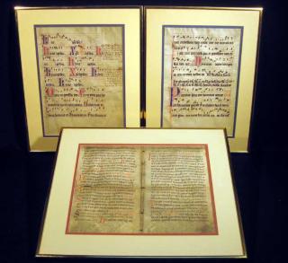 Appraisal: Pcs FRAMED VELLUM MANUSCRIPT LEAVES Latin Texts Rubrication Glosses Details