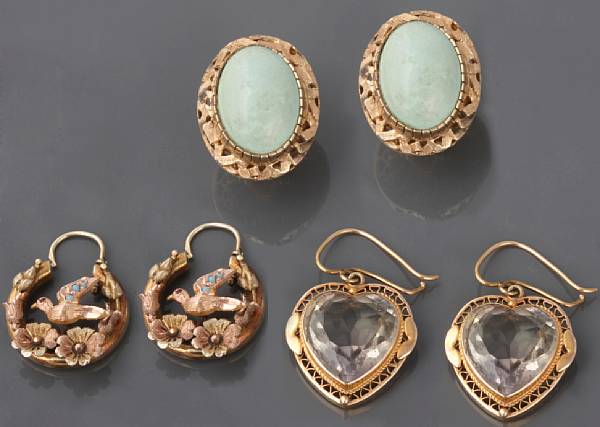 Appraisal: A collection of gem-set and gold period earrings three gem-set