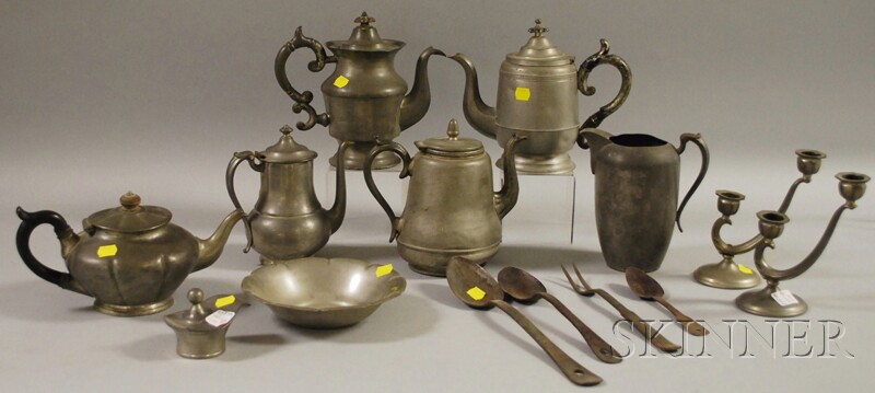 Appraisal: Eleven Pieces Pewter and Four Metal Cooking Utensils five tea