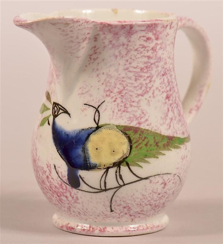 Appraisal: Purple Spatter Peafowl Miniature Cream Pitcher Purple Spatter Peafowl Pattern