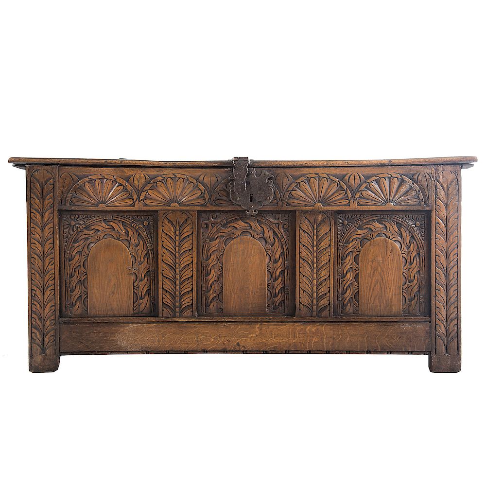 Appraisal: Jacobean Style Oak Coffer Early th century compartment enclosed by