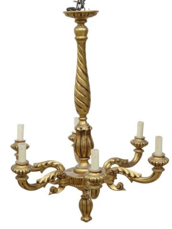 Appraisal: Italian giltwood six-light chandelier th c spiral standard issuing six