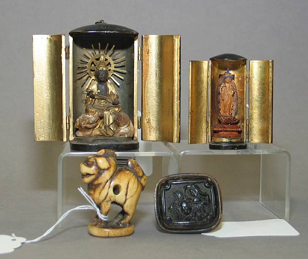 Appraisal: A group of miniature objects Including two shrines containing image