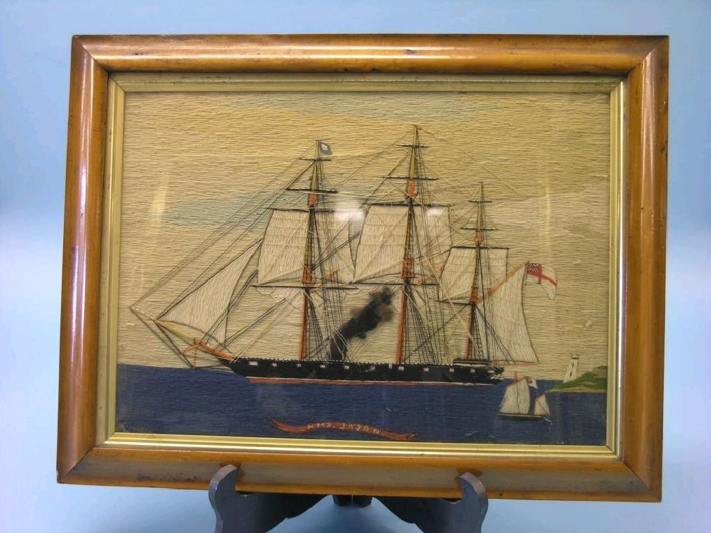 Appraisal: A Victorian woolwork picture HMS Jason three-masted vessel flying white