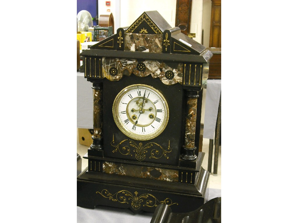 Appraisal: Black slate and coloured marble two train mantel clock the