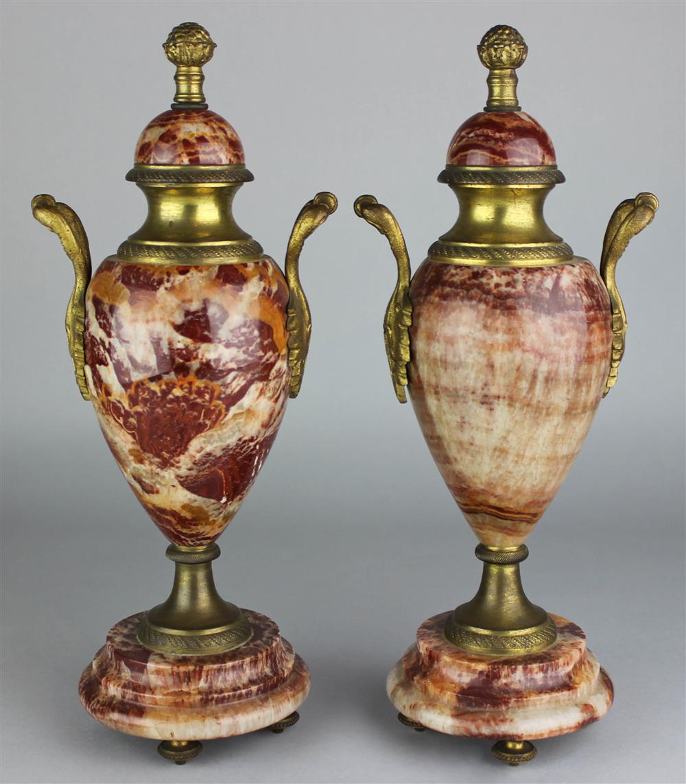 Appraisal: PAIR OF LOUIS XVI STYLE GILT BRONZE-MOUNTED AGATE COVERED URN-FORM