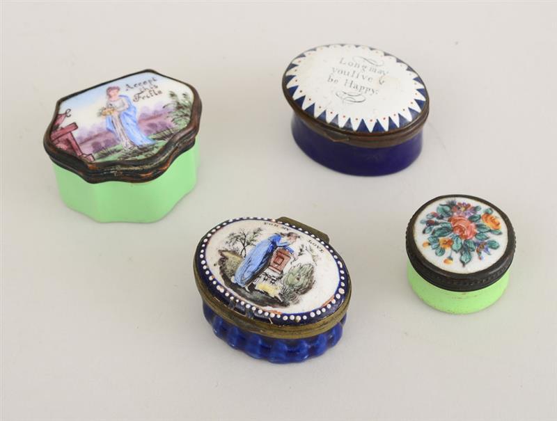 Appraisal: GROUP OF FOUR SOUTH STAFFORDSHIRE ENAMEL TRIFLE BOXES Two with