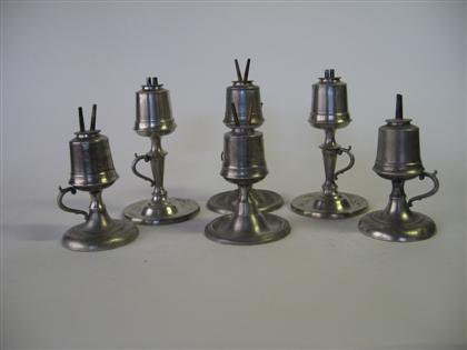 Appraisal: Six pewter whale oil lamps attributed to meriden brit co