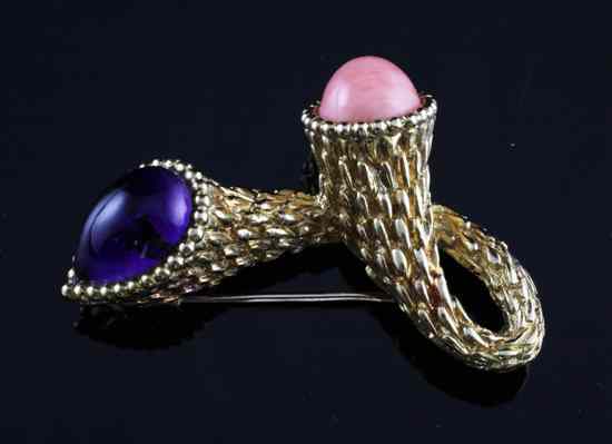 Appraisal: A Boucheron ct gold amethyst and coral cornucopia brooch ins