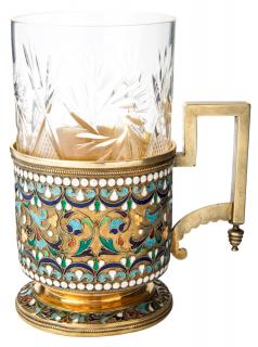 Appraisal: A GILT SILVER AND CLOISONNE ENAMEL TEA GLASS HOLDER AND