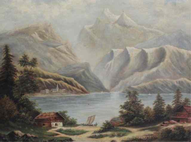 Appraisal: Primitive Oil on Canvas Landscape of Mountains Lake and Cabins