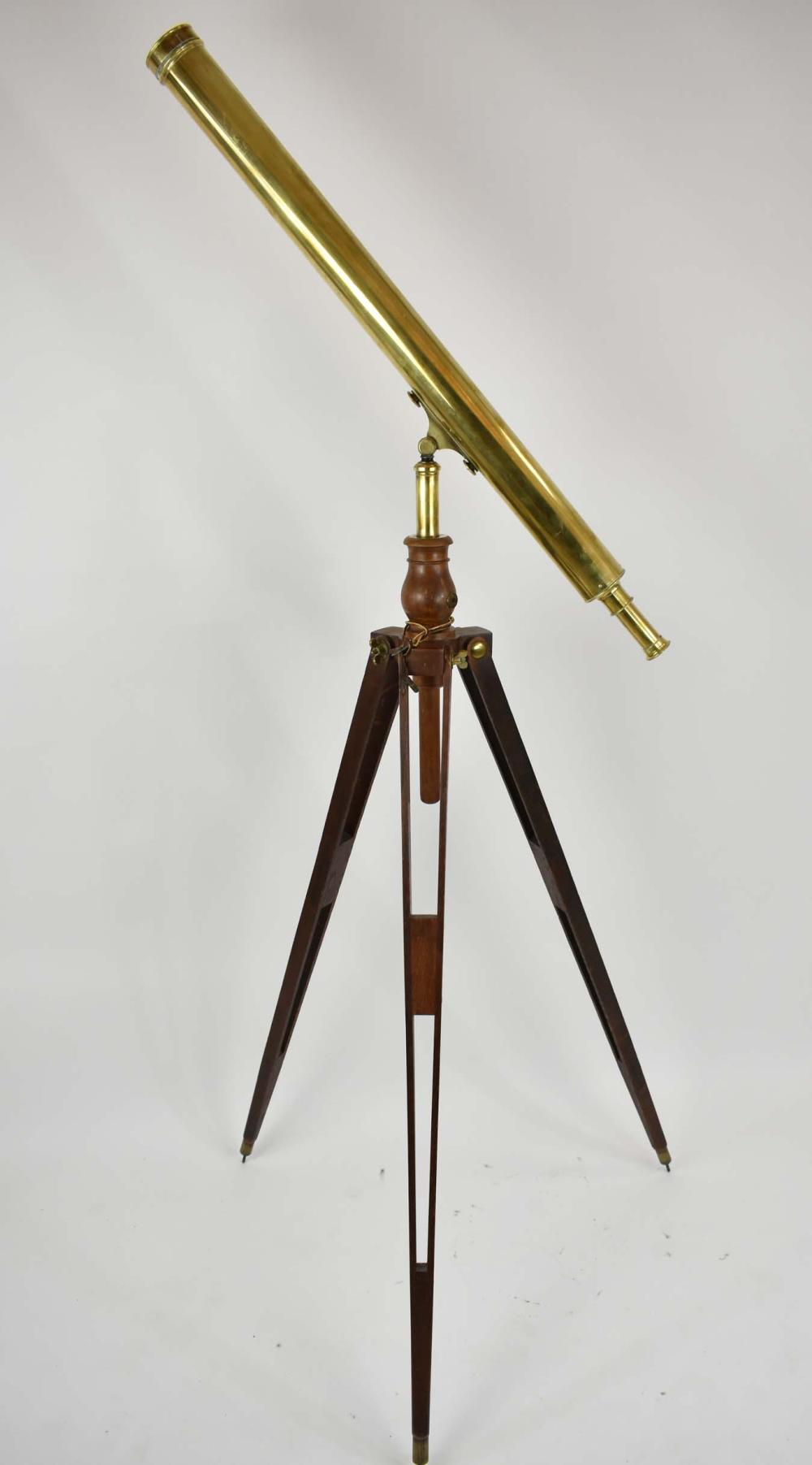 Appraisal: FRENCH ANTIQUE BRASS TELESCOPE ON WOOD TRIPOD th Century Engraved