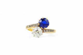 Appraisal: An Antique Gold Sapphire and Diamond Crossover Ring An Antique