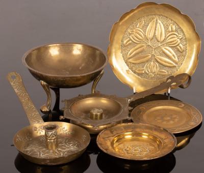 Appraisal: A group of brass including chambersticks three small plates and