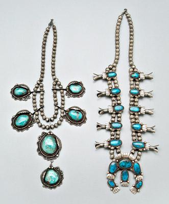 Appraisal: Two Navajo turquoise necklaces one squash blossom with ten blossoms