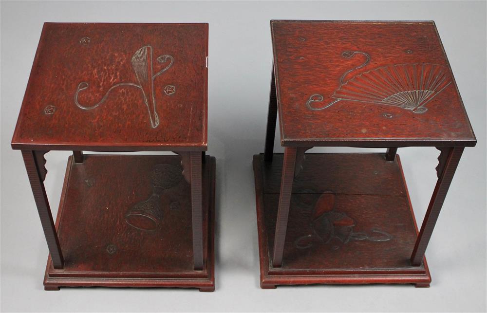 Appraisal: TWO JAPANESE CARVED LACQUER SIDE TABLES each top carved with