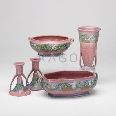 Appraisal: ROSEVILLE Five Pink Baneda pieces handled bowl vase planter and