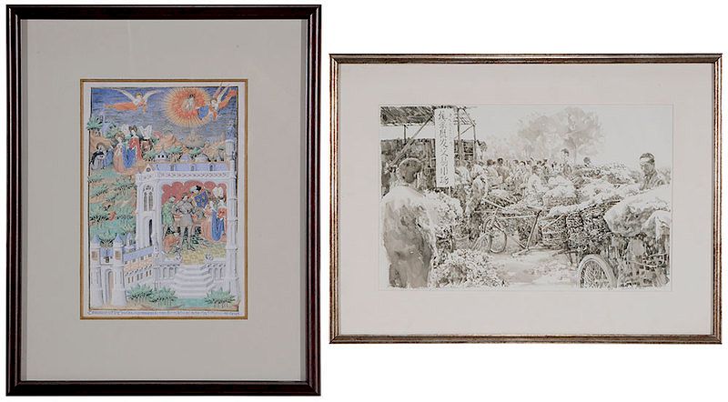 Appraisal: Two Framed Pictures Morning Market Chengdu China signed lower right