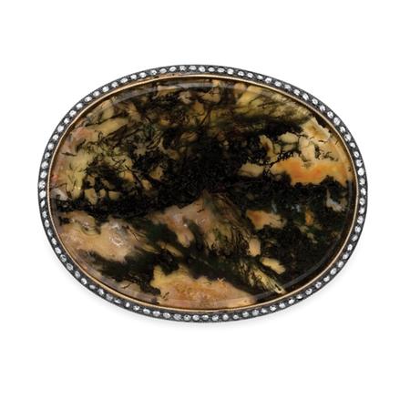 Appraisal: Antique Gold Platinum Moss Agate and Diamond Brooch Estimate -