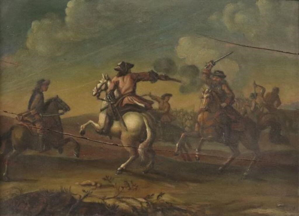 Appraisal: Framed oil on panel painting Cavalry Battle initialed lower left