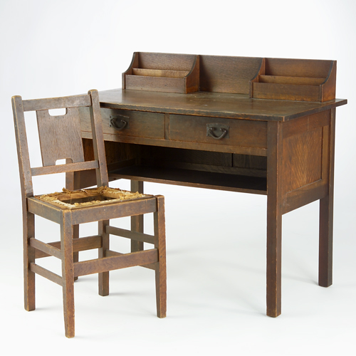 Appraisal: GUSTAV STICKLEY Postcard desk with two drawers letter holders and