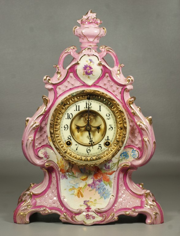 Appraisal: Ansonia Royal Bonn china case clock pink rococo design open