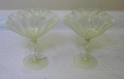 Appraisal: A PAIR OF VASELINE GLASS COMPORTS the tops modelled as