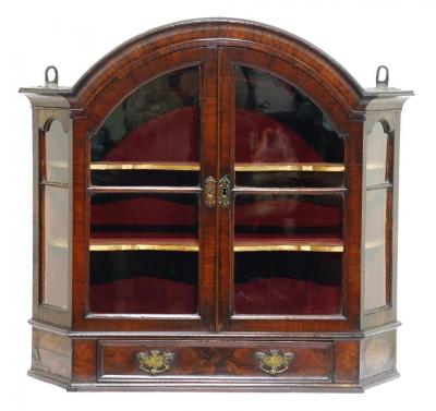 Appraisal: A WILLIAM AND MARY WALL MOUNTED WALNUT DISPLAY CABINET of