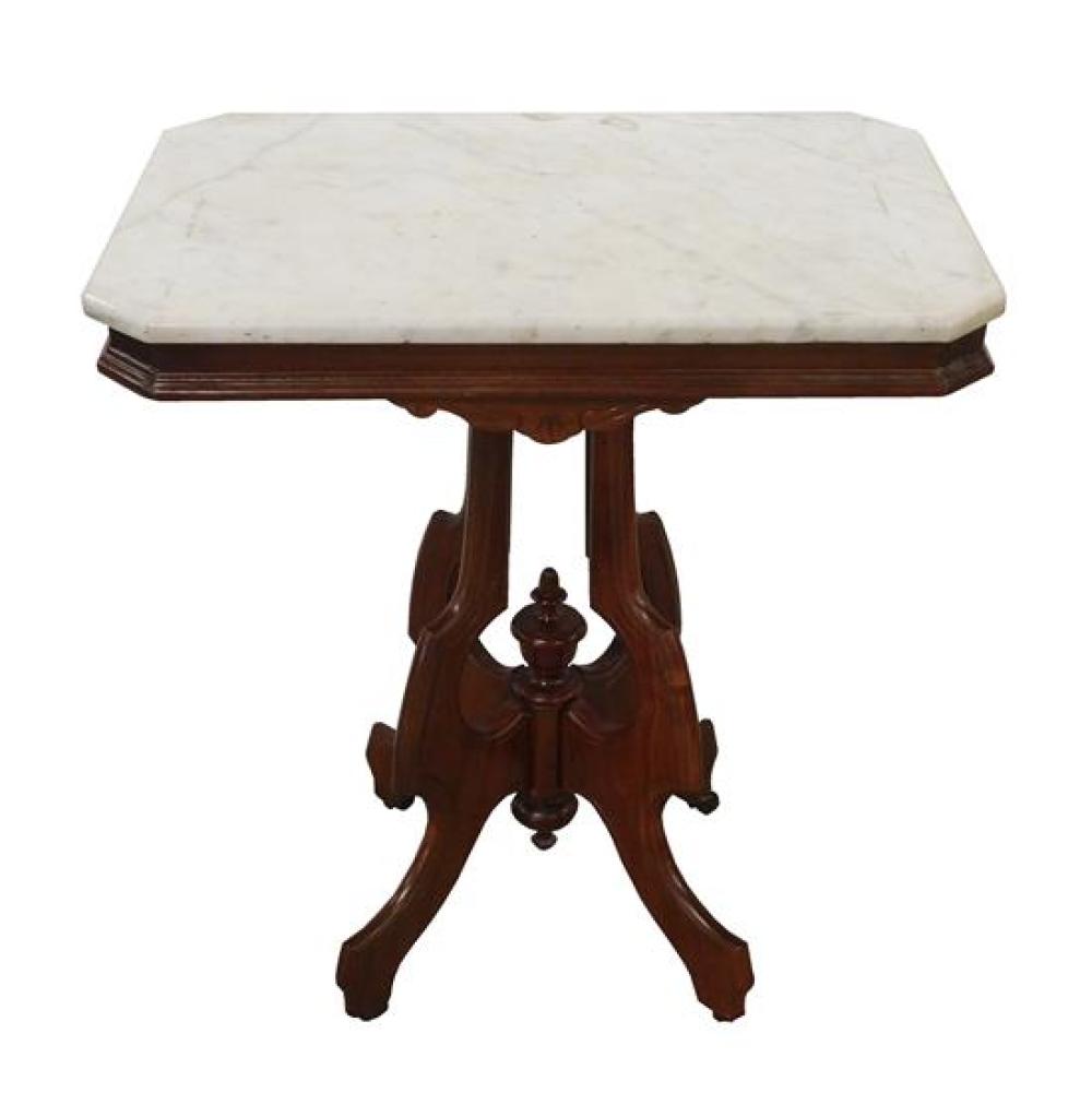 Appraisal: Victorian walnut table with white marble cut corner top carved