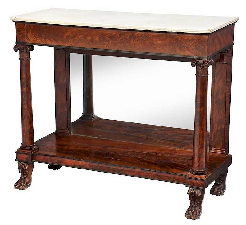 Appraisal: New York Classical Figured Mahogany Pier Table possibly the shop