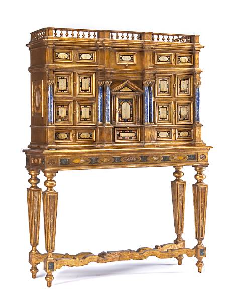 Appraisal: An Italian Baroque style pietra dura and giltwood cabinet on