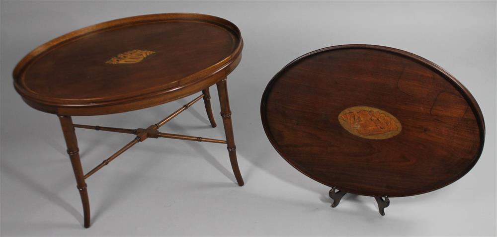 Appraisal: INLAID CONCH SHELL OVAL MAHOGANY TRAY TABLE TOGETHER WITH ANOTHER