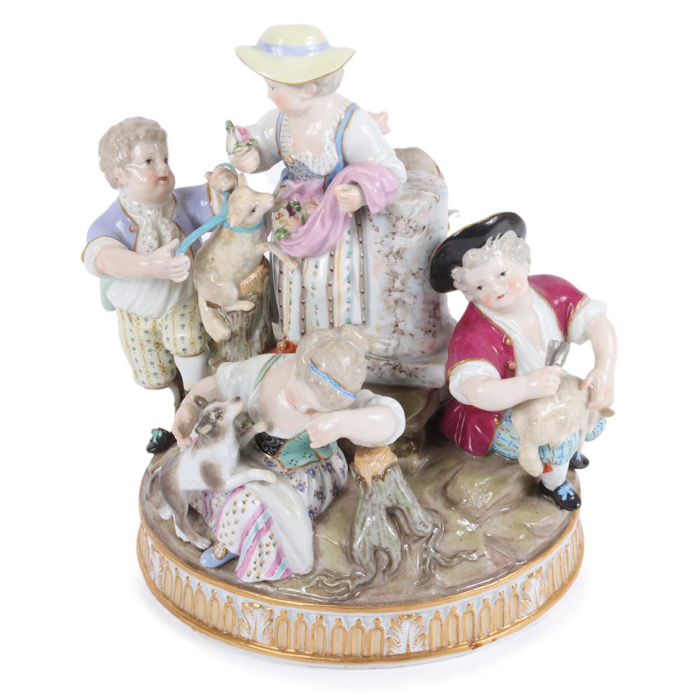 Appraisal: MEISSEN PORCELAIN FIGURE GROUP CHILDREN PLAYING WITH LAMBS AND DOG