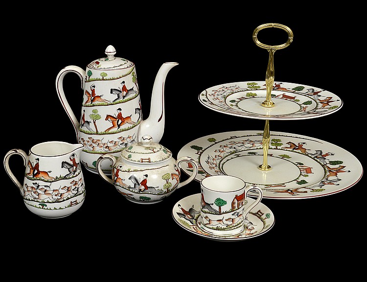 Appraisal: ENGLISH EQUESTRIAN PAINTED PORCELAIN COFFEE SERVICECrown Staffordshire Circa Marked Decorated