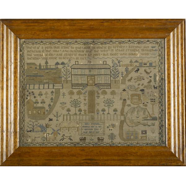 Appraisal: Needlework sample of Alley Freeman dated Verse and pictorial sampler