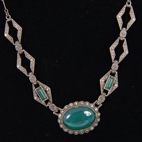 Appraisal: Sterling Silver Art Deco Necklace with marcasite and chrysoprase jewels