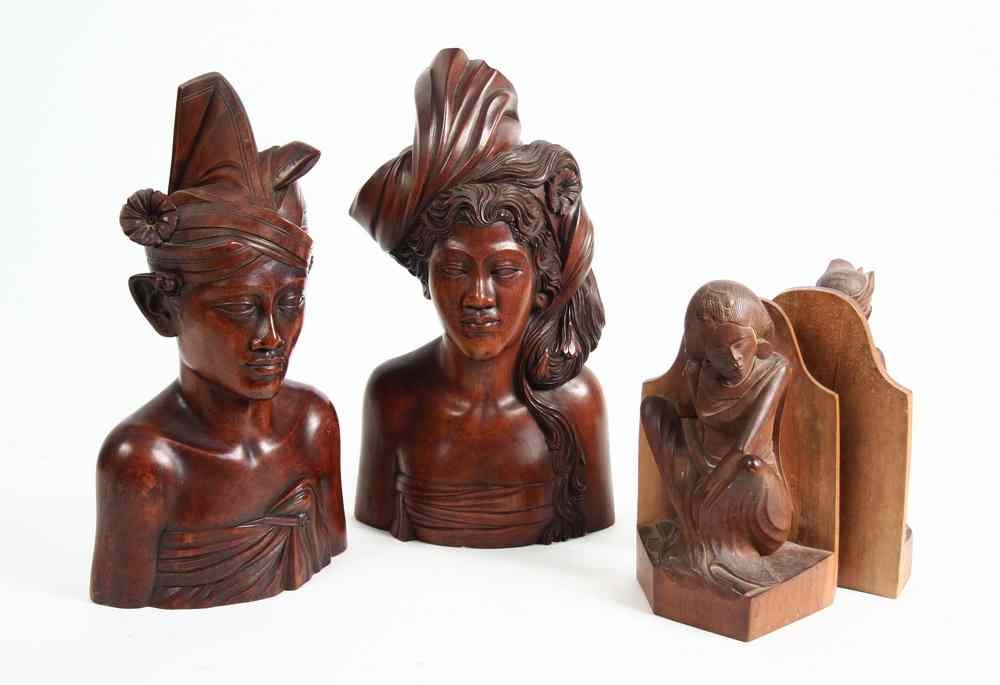 Appraisal: CARVINGS - A pair of hardwood carved busts and a