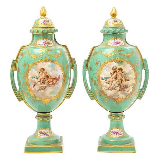 Appraisal: A Pair of French Porcelain Lidded Urns Height inches A