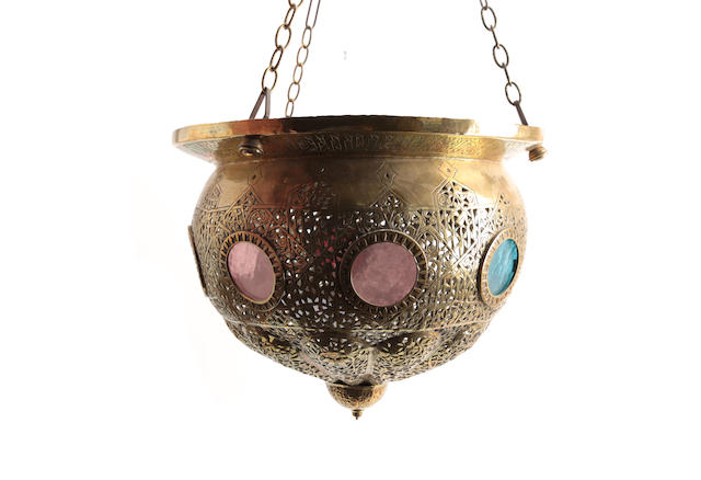 Appraisal: An Indian brass hanging lantern Pierced and engraved with coloured