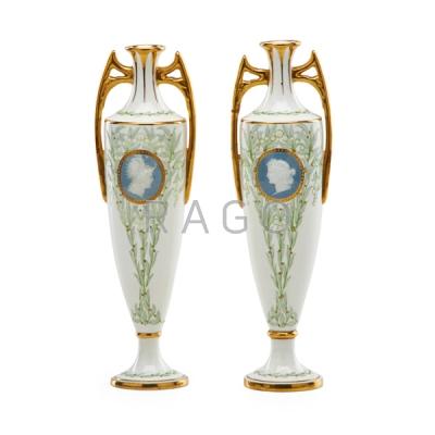 Appraisal: PAIR OF MINTON PATE SUR PATE HANDLED VASES Condition Report