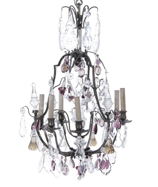 Appraisal: Wrought-iron and crystal six-light chandelier early th century pear shaped