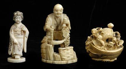 Appraisal: THREE JAPANESE CARVED IVORY ARTICLES Comprising a treasure ship signed