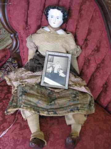 Appraisal: 's China Head Doll molded black hair period clothing with